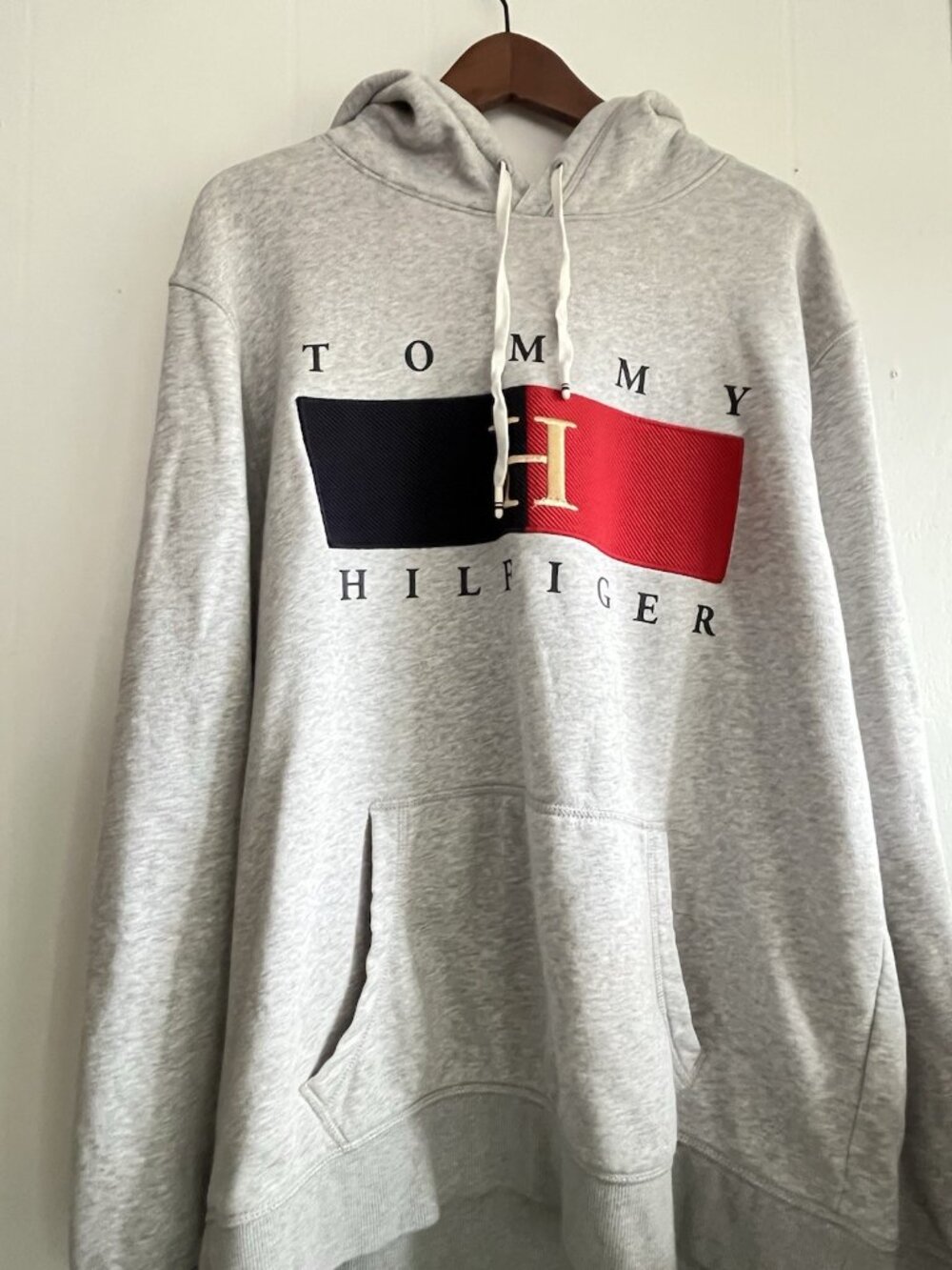 Tommy Hilfiger Hoodie Big Mens Gray Embroidered Flag Logo Streetwear Sz XL